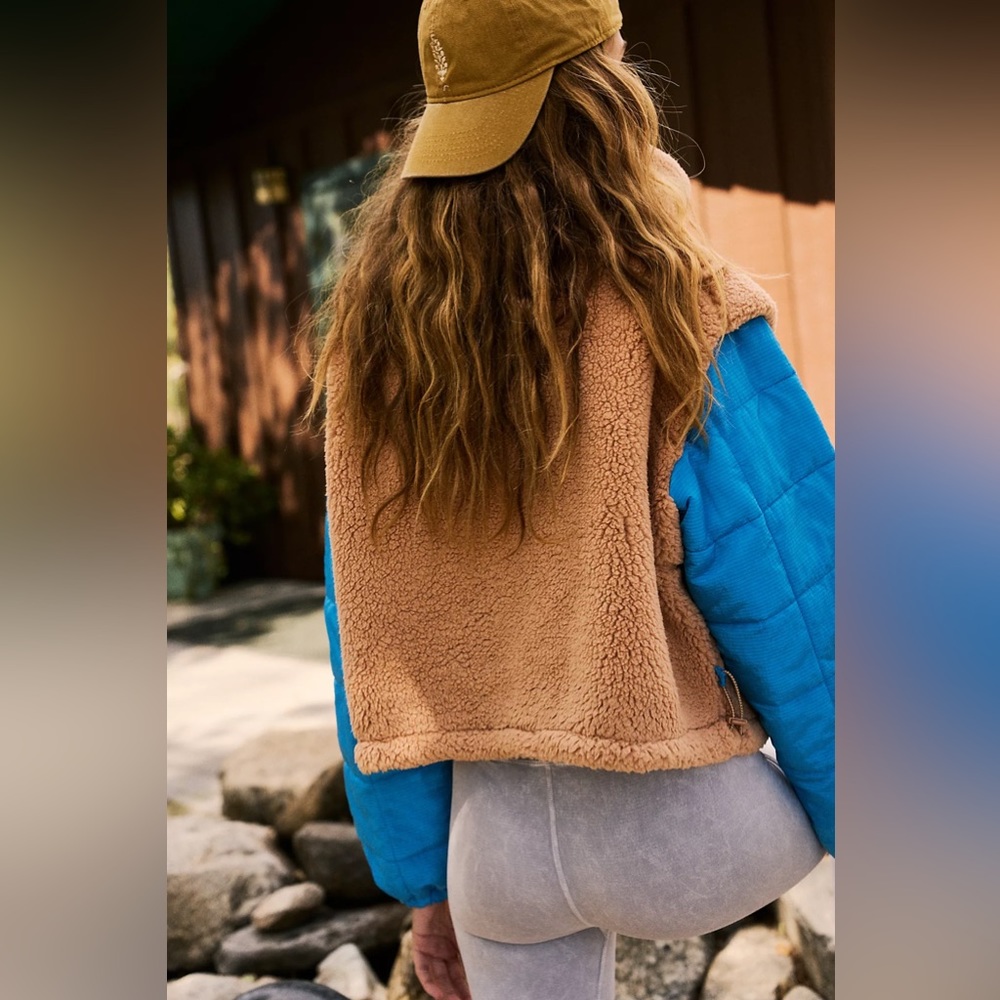 Free People Tan Sherpa Vest with Blue Sleeves & Red Pocket - Picture 3 of 8